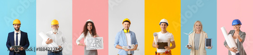 Set of different engineers on color background