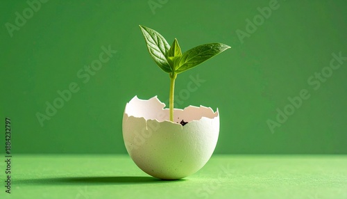 Green plant sprouting from cracked eggshell on green surface with green background