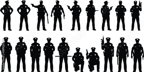 Police officer silhouettes set in various poses, armed law enforcement figures isolated on white background for security design use