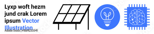 Renewable energy, AI technology, sustainability, green tech, innovation, energy efficiency. Solar panel, light bulb and microchip with brain illustration. Renewable energy and AI technology concept