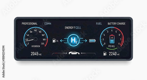 Futuristic car dashboard display showing hydrogen fuel cell energy levels and battery charge