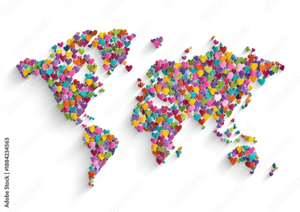Obraz premium A world map outline, constructed from a colorful collection of small, heart-shaped forms