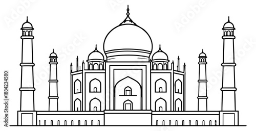 Line art illustration of Taj Mahal depicting an iconic Indian landmark for travel and culture