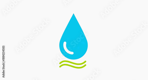 A serene blue water droplet illustration on a clean background with wavy green lines