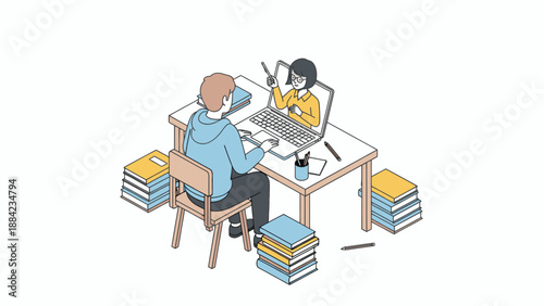 Man Working on Computer with Ghostly Assistant