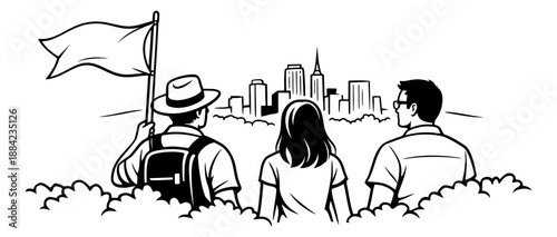 Line art illustration of a group of people depicting gazing at a city skyline with a flag for leadership, exploration, and future vision concepts