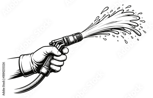 Hand drawn line art illustration of a hand spraying water with a garden hose nozzle for gardening activities