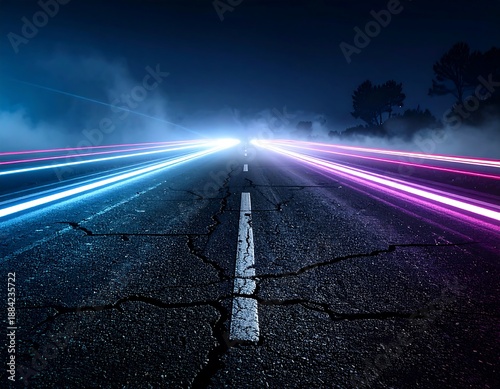 Night road view with light trails, leading to a misty, blurred horizon, under a dark sky with trees on the right