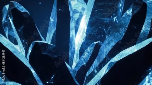 Cinematic Macro Shot Of Dark Jagged Blue Crystals Glowing With Ethereal Light In A Mysterious Abstract Environment
