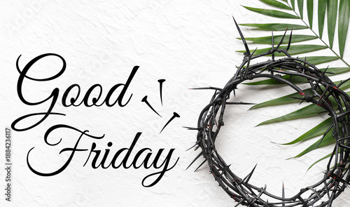 Crown of thorns with palm leaf on white grunge background. Good Friday concept