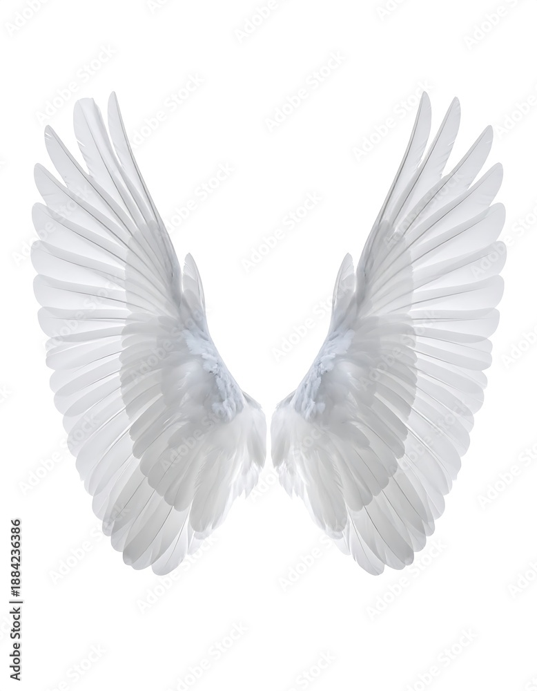 Fototapeta premium Pair of feathery white angel wings displayed against a white background in soft light
