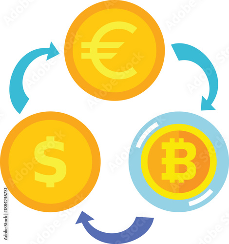 Digital currency conversion concept art showing Bitcoin, US Dollar, and Euro symbols inside glossy coins with rotating arrows forming a triangle, flat design, vibrant yellow and blue color palette, fi