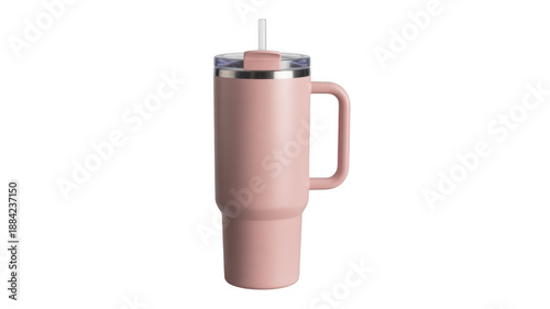 Pink insulated tumbler with straw and handle pink tumbler isolated on a transparent background