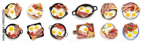 Foto Collage of tasty fried eggs with bacon on white background, top view