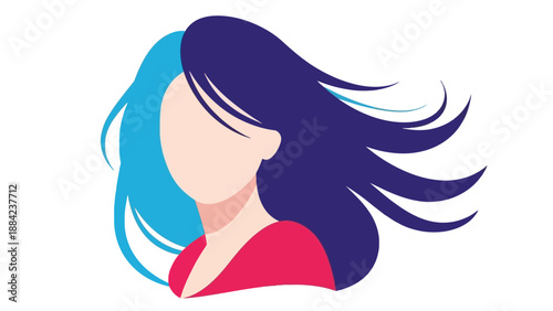 Young woman with flowing dark hair and blue highlights in the wind, illustration, side view, modern lifestyle