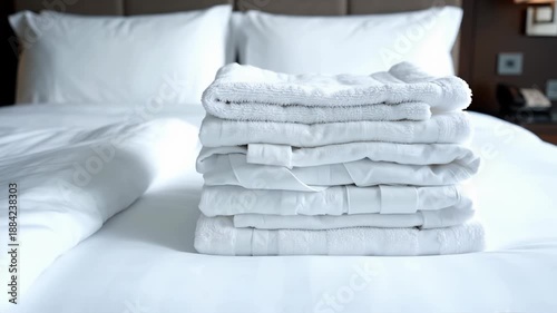 Stack of fresh white towels and bathrobes on a hotel bed. Clean laundry prepared for guests in a luxury bedroom. Hospitality and housekeeping concept