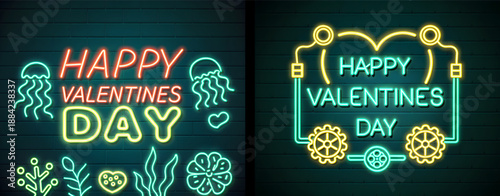 Neon happy valentines day signs with jellyfish and gears on dark