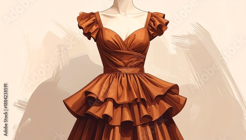 Orange dress with ruffles and a V-neck on a simple background, stylized in a smooth digital art style
