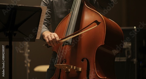 Musician Playing Double Bass During Live Performance with Dramatic Lighting