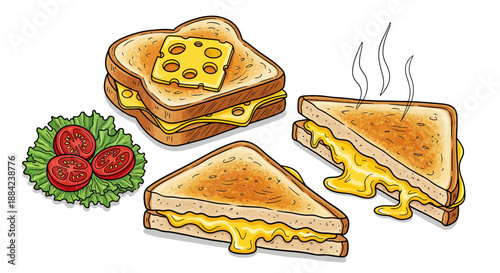Delicious grilled cheese sandwiches with melted cheese, lettuce, and tomatoes, perfect for a quick meal
