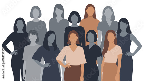 Diverse group of confident women standing together in unity and solidarity