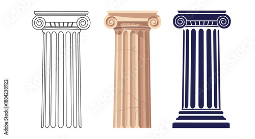 Classical Ionic Columns in Three Distinct Styles Line Art, Realistic, and Decorative