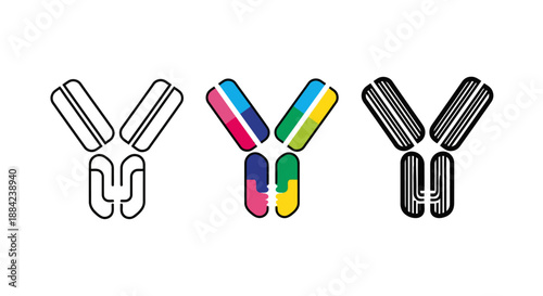 Three stylized representations of Y-shaped antibody molecules in different designs