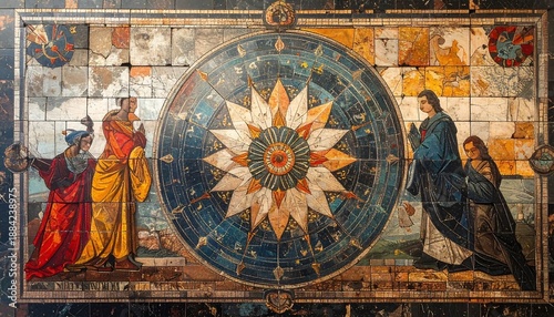 Ornate tile mural depicting figures and celestial chart, with colors ranging from deep blues and reds to light yellow and whites