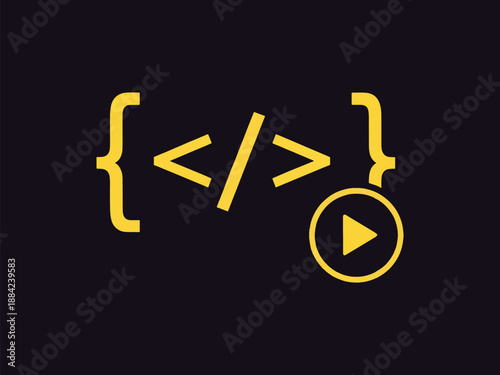 Modern Coding Play Button Icon - Yellow Vector Programming Symbols with Brackets and Play Icon for Software Development, Live Coding, and Tech Tutorial Interface