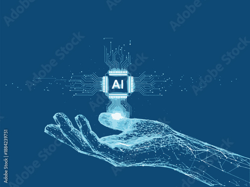 Futuristic AI Microchip Illustration - Low-poly Vector Hand Holding Glowing Processor with Circuit Lines for Machine Learning, Hardware Tech, and Digital Transformation Concepts