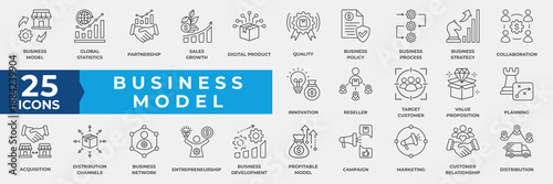 Business Model Line Icon Set Collection. With Partnership, Quality, Strategy, Collaboration, Innovation, Reseller, Planning, Acquisition, Marketing, Distribution. Simple Vector Illustration.
