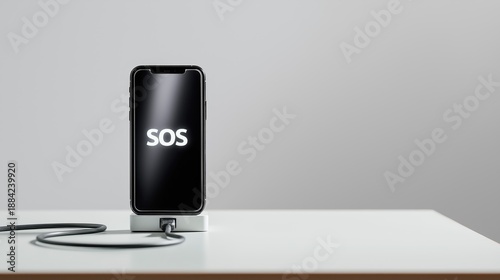 Smartphone displaying SOS alert while charging on white table  