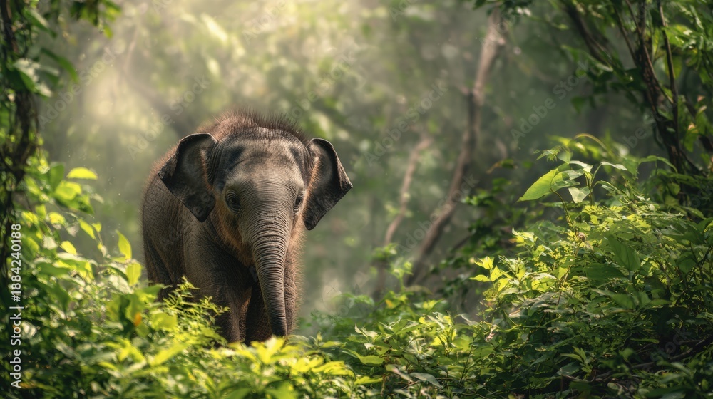 Fototapeta premium Young Elephant Calf in Serene Forest Surrounded by Lush Greenery