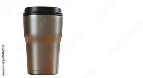 Metal travel mug mockup shows brushed steel texture on black for product display, mockup, and branding.