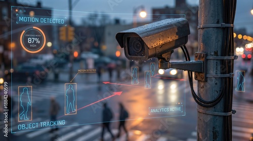 Surveillance camera monitoring urban street scene at dusk, displaying motion detection analytics and object tracking technology, illustrating advanced security systems in action