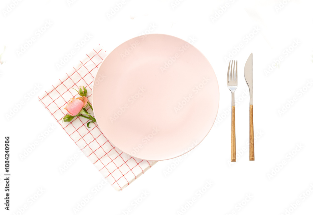 Fototapeta premium Empty plate, cutlery and napkin. Top view. Isolated on transparent background, png