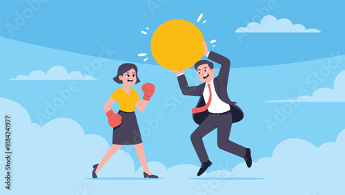 Business competitors engage in a playful boxing match, symbolizing a dynamic struggle for.
