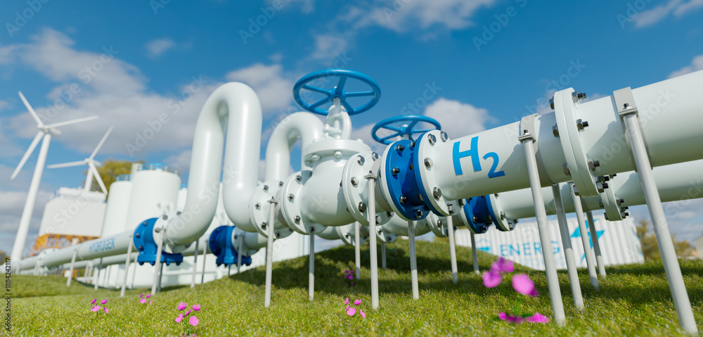 Fototapeta premium hydrogen pipeline of energy sector towards to ecology,carbon credit,Clean Energy,secure,carbon neutral,transformation,solar,power plant and energy sources balance to replace natural gas.3d rendering. 