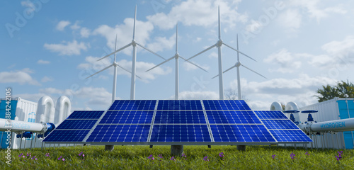 solar cell plant and wind generators in urban area connected to smart grid.Energy supply,eolic turbine,distribution of energy,Powerplant,energy transmission,eco energy,high voltage supply concept.