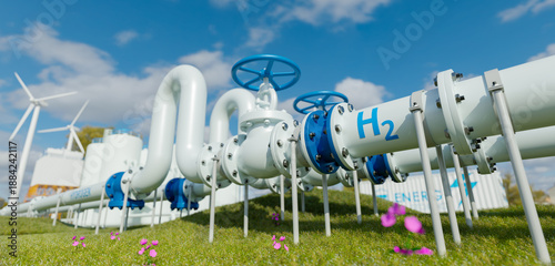 hydrogen pipeline of energy sector towards to ecology,carbon credit,Clean Energy,secure,carbon neutral,transformation,solar,power plant and energy sources balance to replace natural gas.3d rendering.  © Yingyaipumi