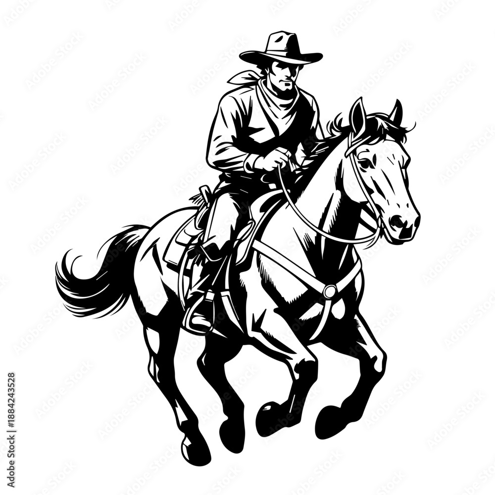 Fototapeta premium Comic Style Full Cowboy Bold Black Vector Illustration While Riding A Horse Dynamic Western Action