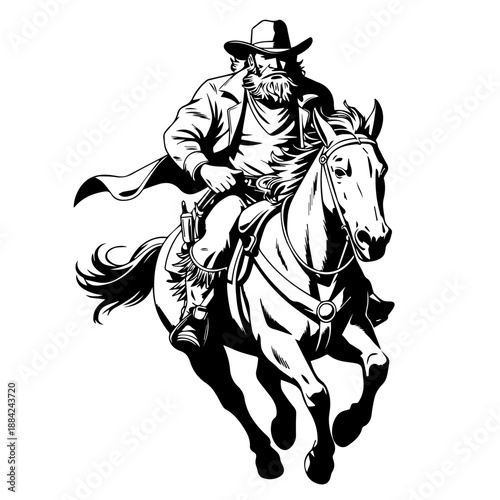 Comic Style Full Cowboy Bold Black Vector Illustration While Riding A Horse Dynamic Western Action