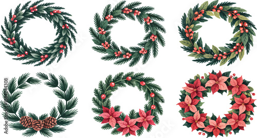 Collection of festive Christmas wreaths adorned with pine needles, red berries,.