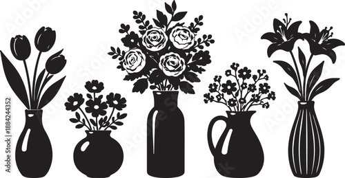 Black silhouette floral arrangements in various vases