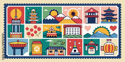 Colorful Korean stamps set featuring iconic building and architecture, food, and landmarks for any design you need