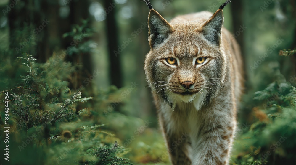 Obraz premium Majestic Lynx Walking Through Lush Green Forest Landscape