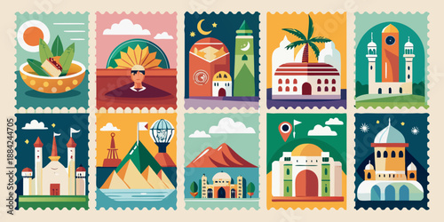 Iconic Saudi Arabia themed colorful stamps featuring iconic landmarks, building and architecture for any design needs