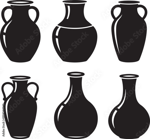 Six black silhouette ancient amphorae and vases pottery