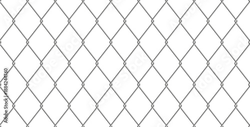 Metal chain link fence seamless pattern. Silver steel wire mesh on white background. Realistic industrial vector texture for security, protection and boundary concept. Seamless metallic net.
