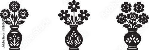 Three black floral vase silhouettes on white background